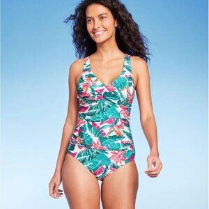 Kona Sol XS 0-2 Tropical Floral Print Tummy Control Shirred Front 1 Pc Swimsuit